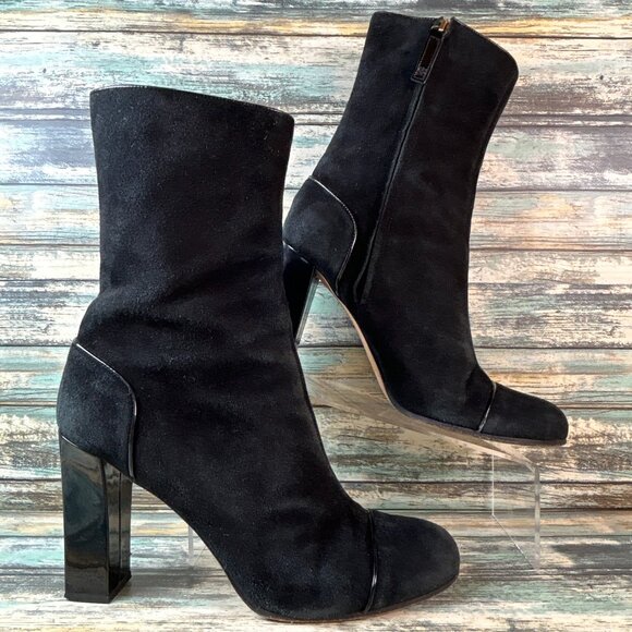 Kate Spade Ankle Boot Size 9B Black Suede Block Heel Zip Round Toe Dress Cap Toe - Picture 1 of 16
